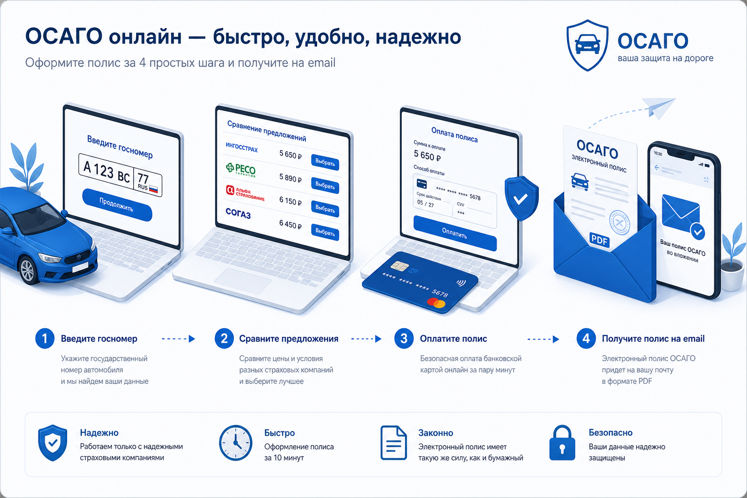 4 шага оформления ОСАГО: данные авто, сравнение, оплата, получение полиса
